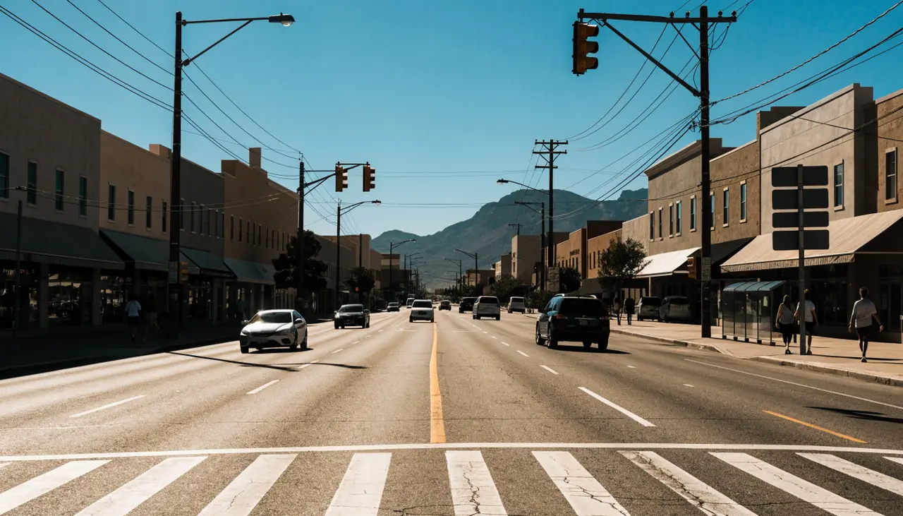 Bulevar comercial del centro de Palmdale con trafico y comercios