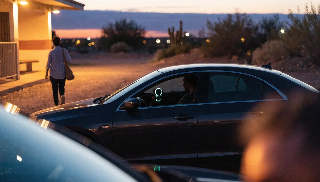 Vehiculo de rideshare recogiendo un pasajero cerca del centro de transporte de Palmdale