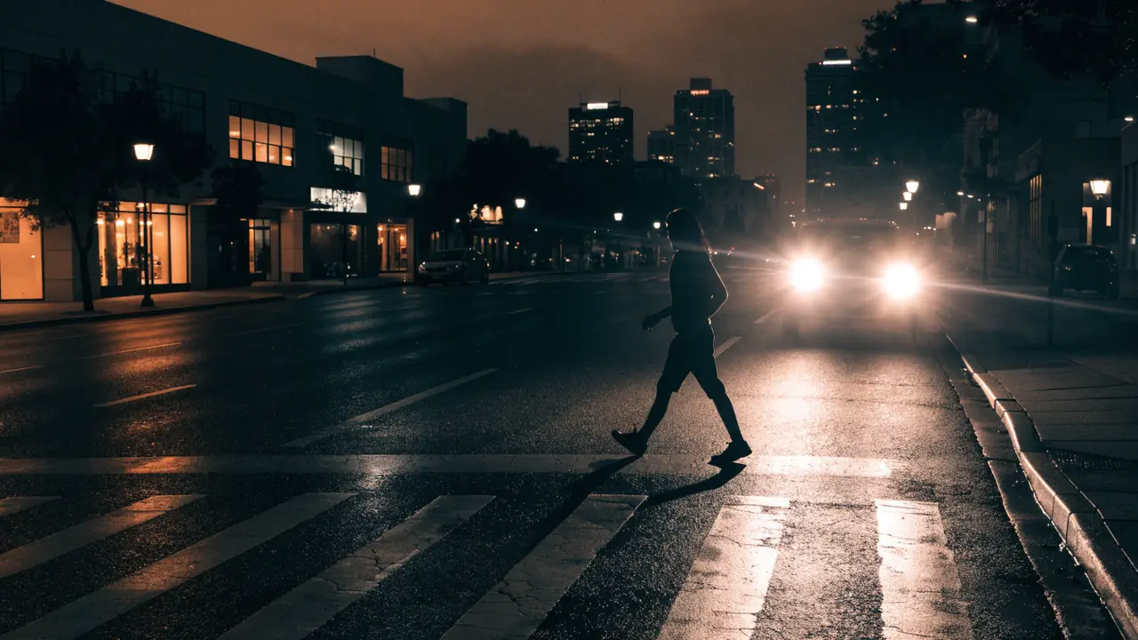 Peaton cruzando Palmdale Boulevard de noche entre trafico y luces de comercios