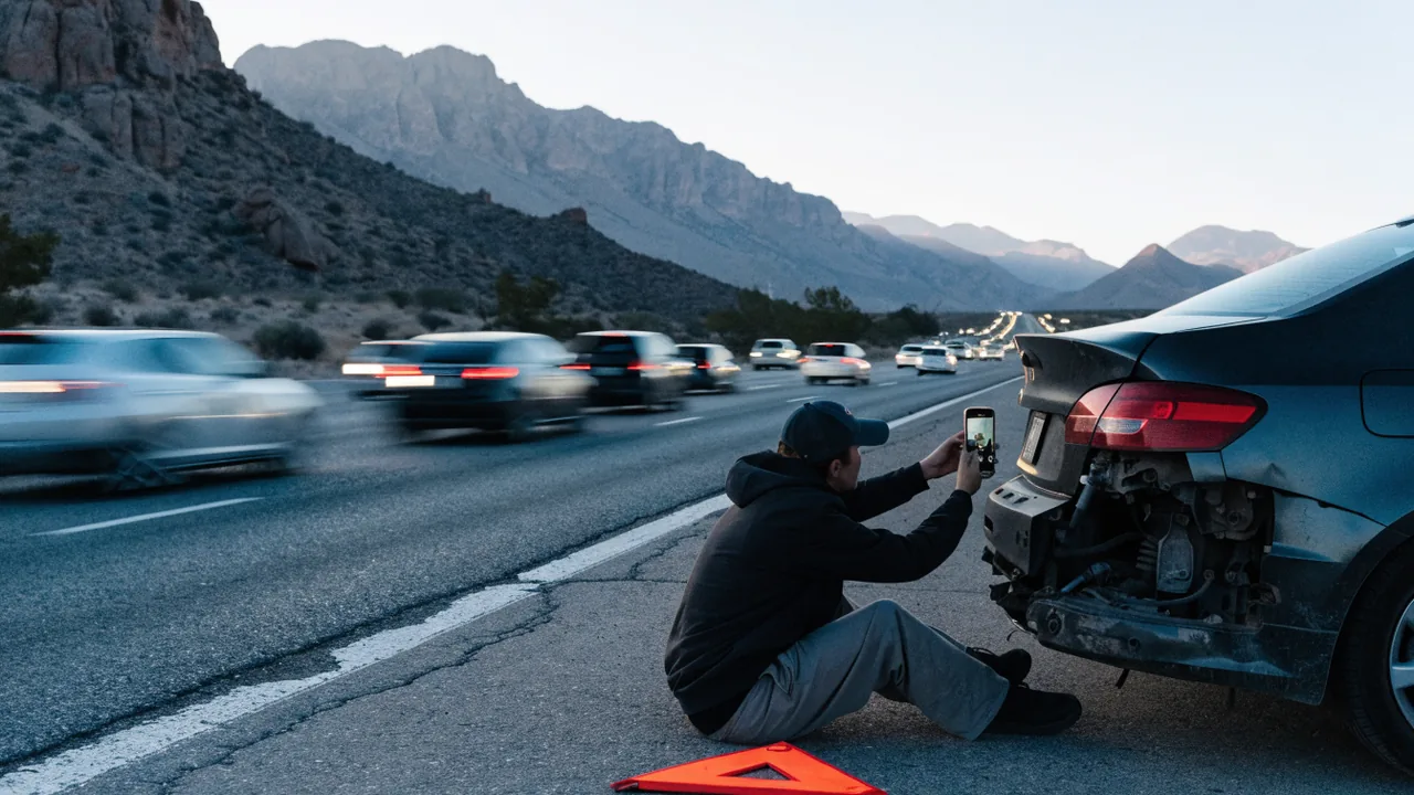 Conductor tomando fotos de los daños en el acotamiento de la autopista 14 cerca de Palmdale en las primeras horas