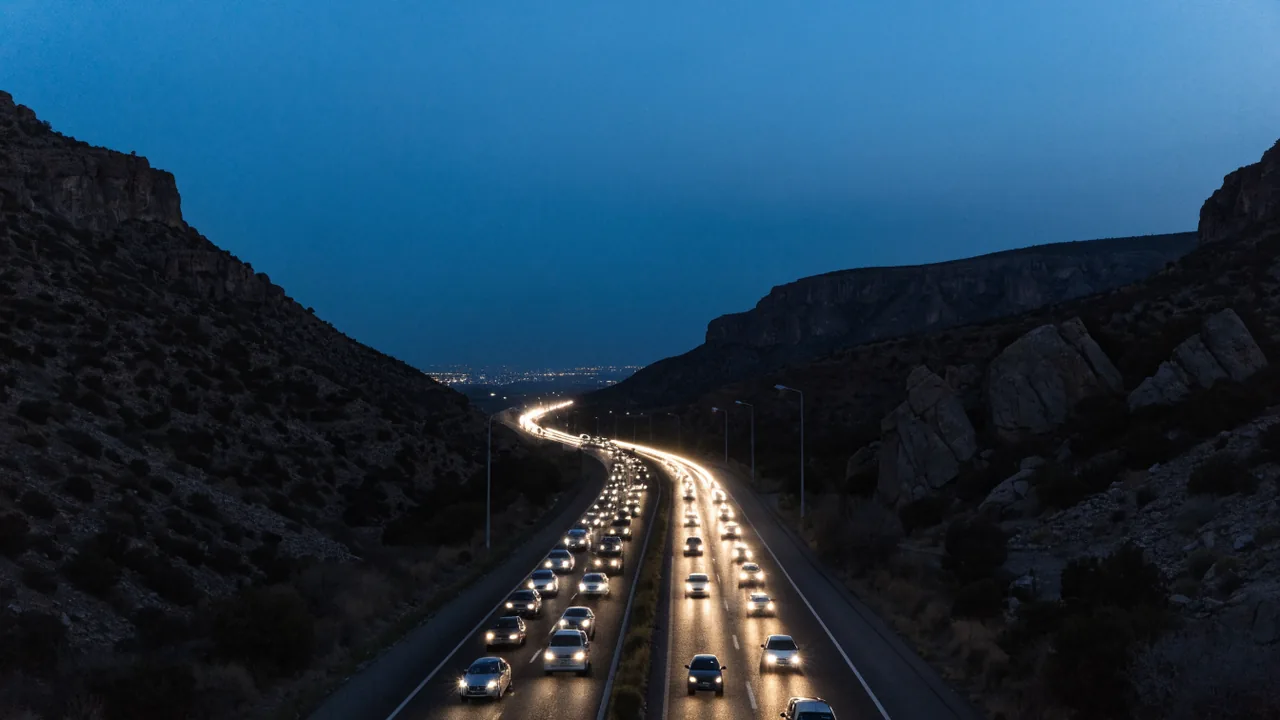 Trafico de madrugada bajando la autopista 14 de Palmdale hacia Santa Clarita con faros encendidos