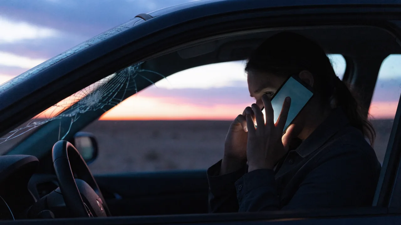 Persona en su carro estacionado al atardecer llamando a un abogado dias despues de un choque en Palmdale
