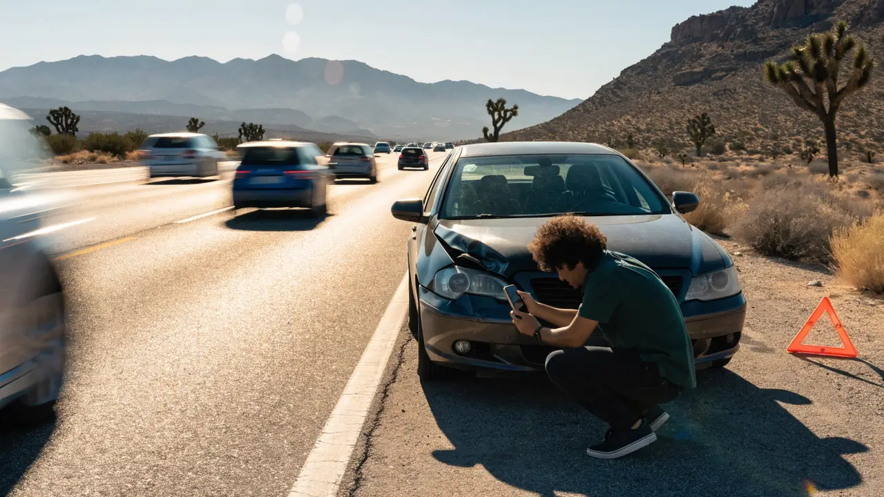 Conductor tomando fotos de los daños en el acotamiento de la autopista 14 cerca de Palmdale en las primeras horas