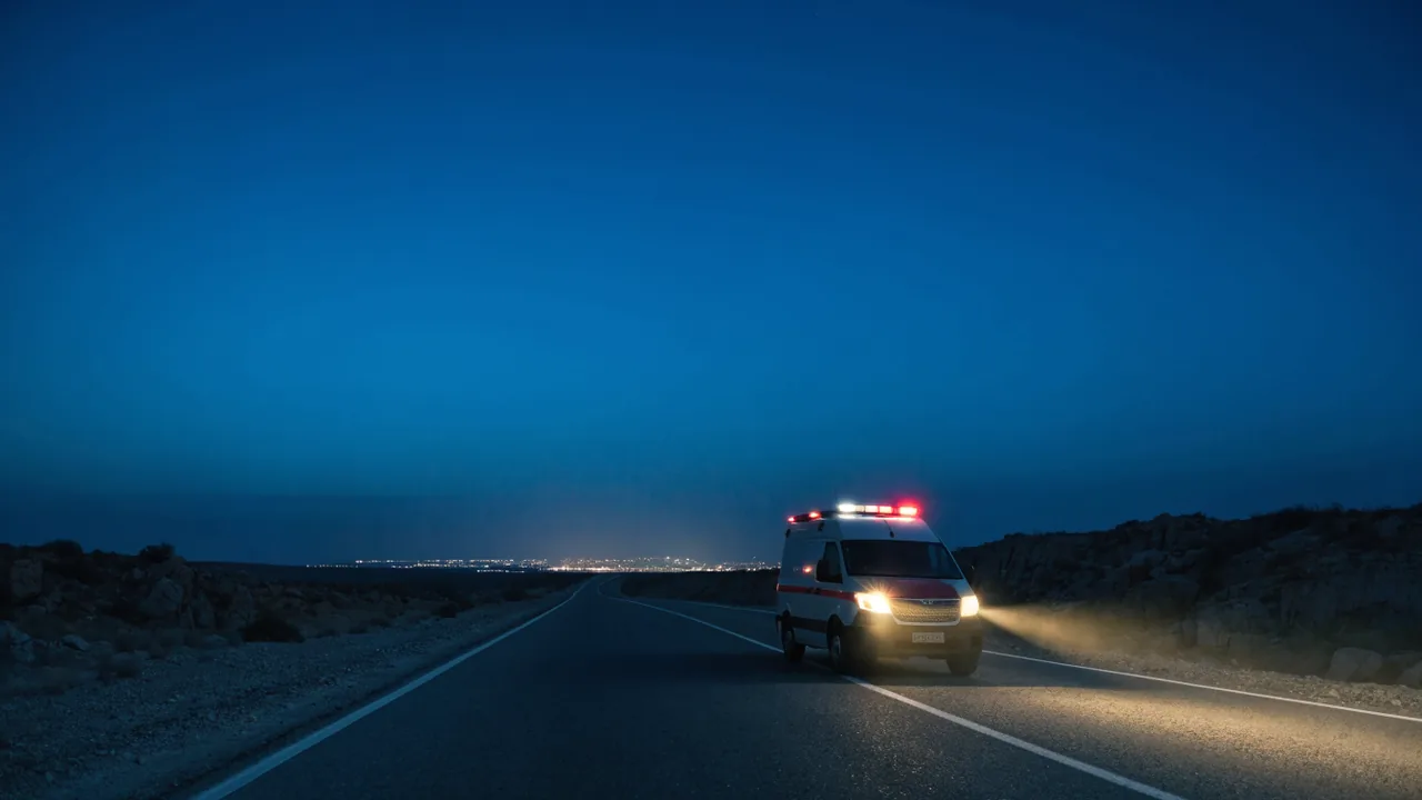 Ambulancia trasladando a un lesionado de Palmdale al centro de trauma de Lancaster de noche