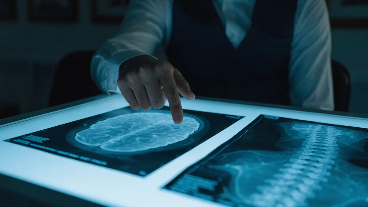 Medico revisando imagenes de cerebro y columna mientras se proyectan los costos de por vida de un lesionado de Palmdale