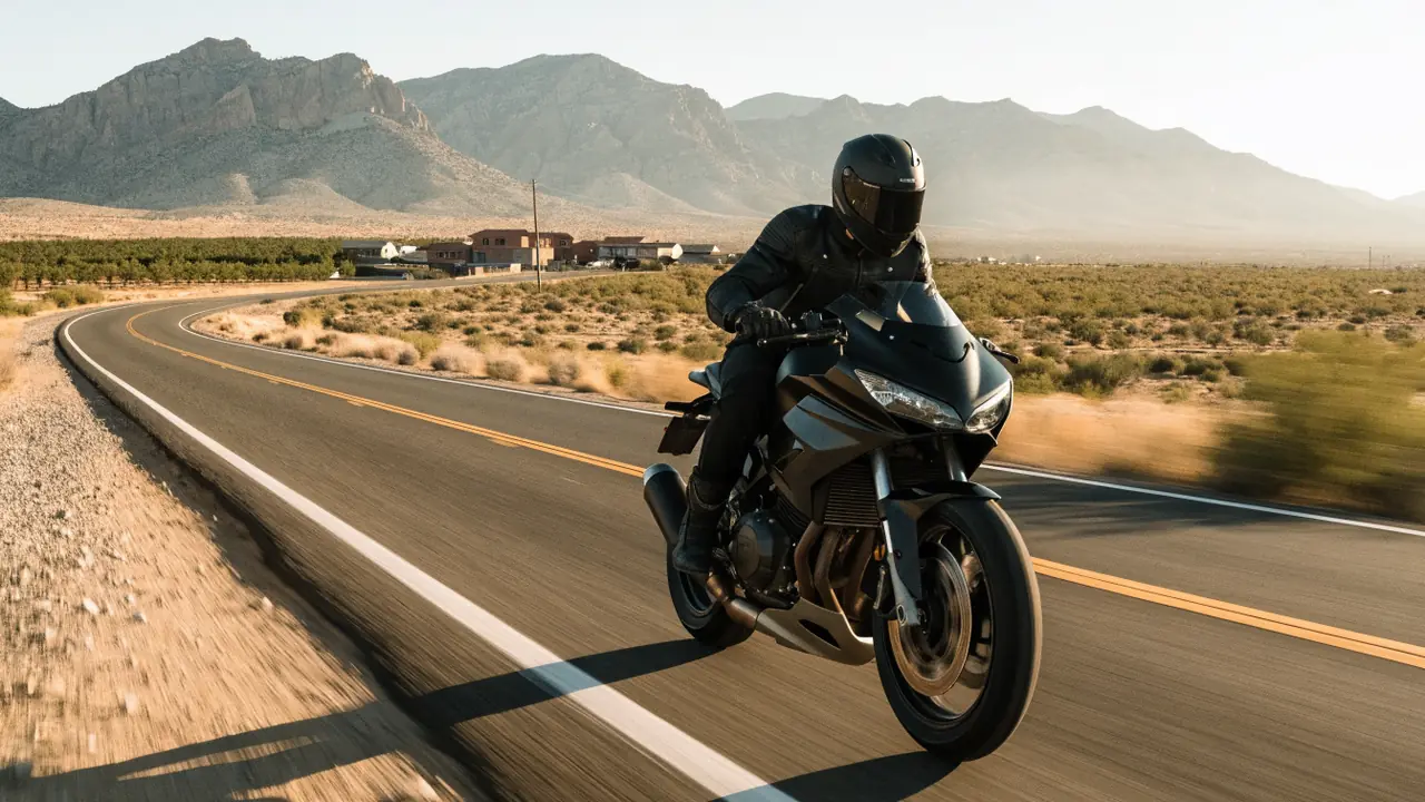 Motociclista con equipo completo rodando la carretera 138 al este de Palmdale